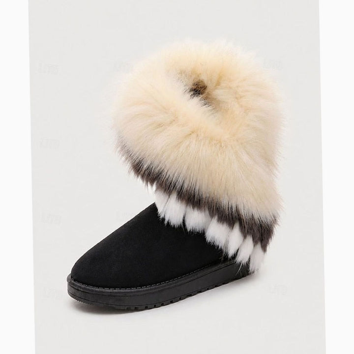 Women's Fluffy Faux-Fur Trim Slip-On Snow Boots - Black / White