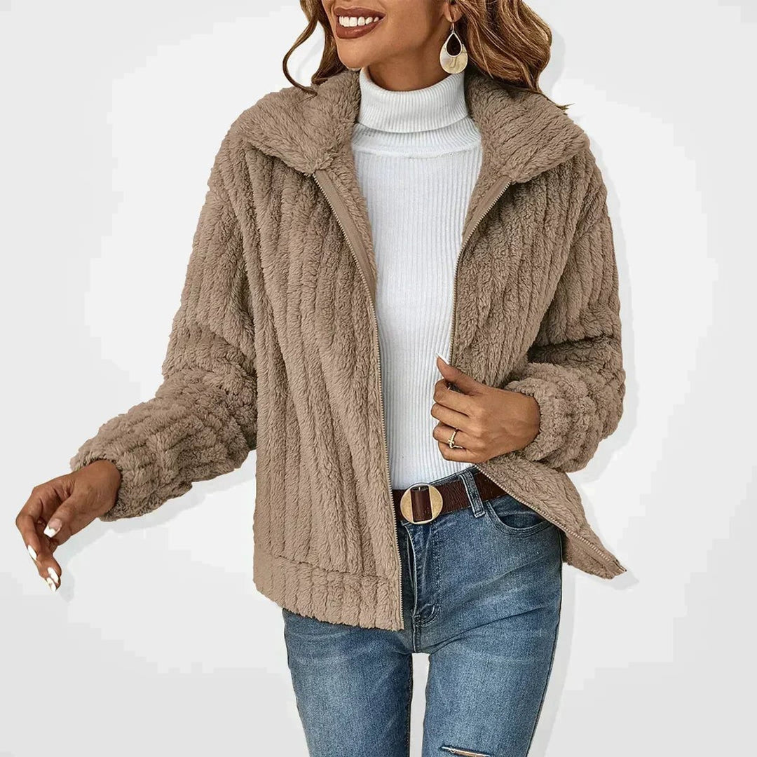 Women's Fluffy Plush Zip-Up Sherpa Cardigan Jacket - Khaki