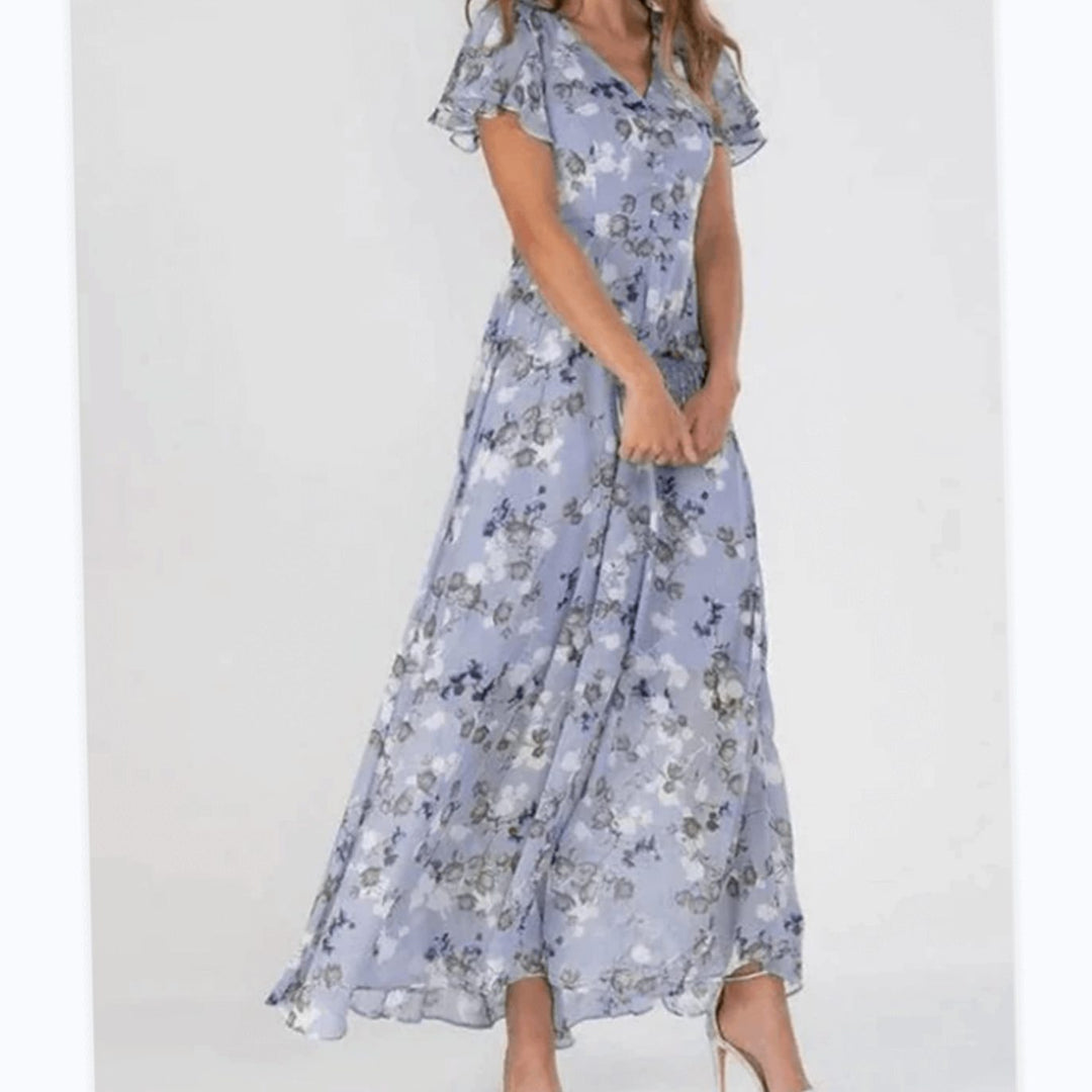 Women's Flutter-Sleeve V-Neck Floral Dress Flowing Maxi