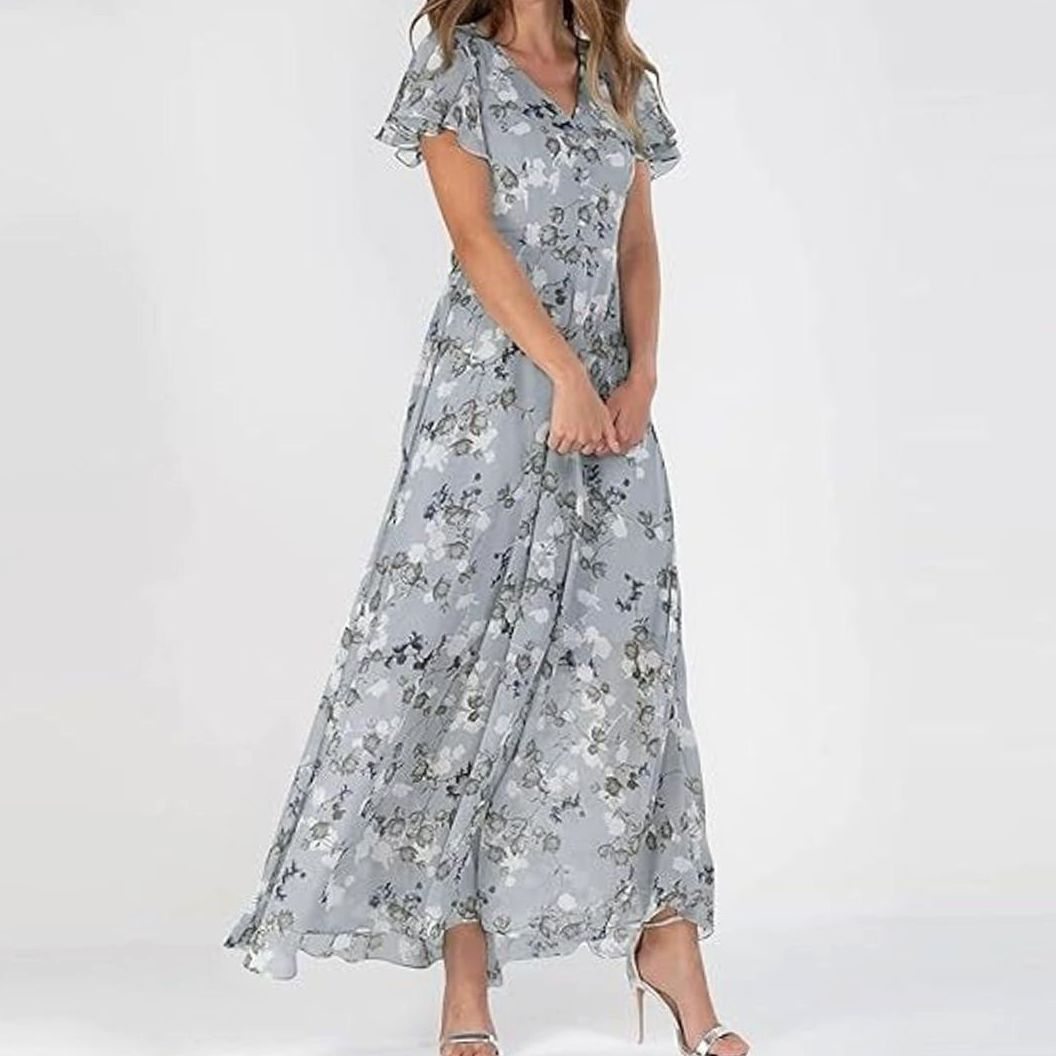 Women's Flutter-Sleeve V-Neck Floral Dress Flowing Maxi