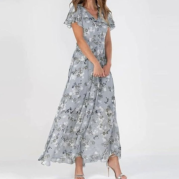 Women's Flutter-Sleeve V-Neck Floral Dress Flowing Maxi