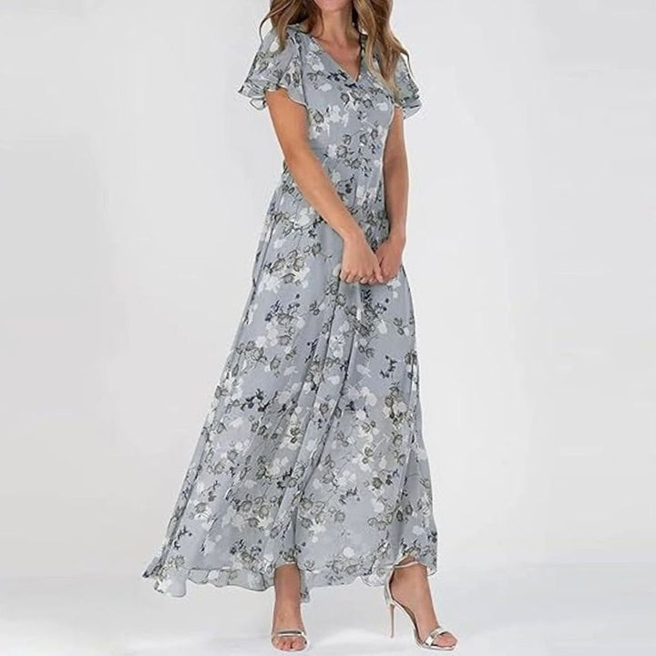 Women's Flutter-Sleeve V-Neck Floral Dress Flowing Maxi - Blue