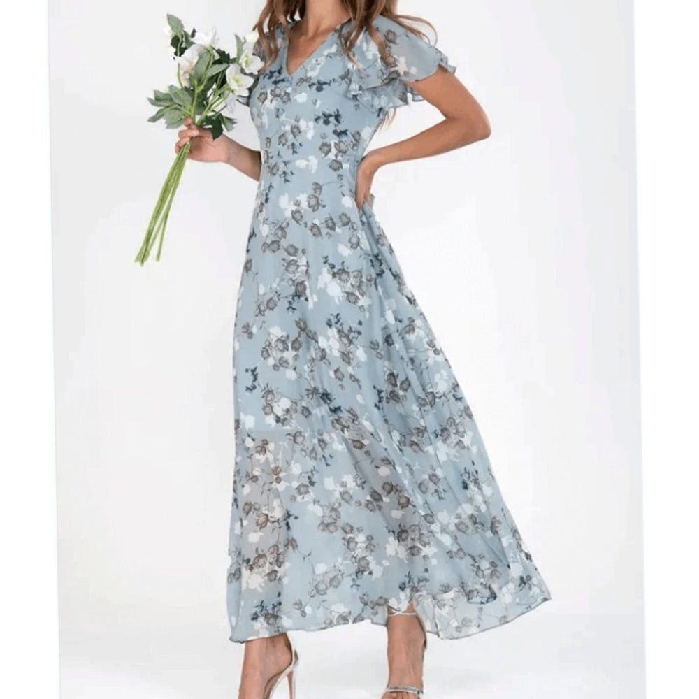 Women's Flutter-Sleeve V-Neck Floral Dress Flowing Maxi