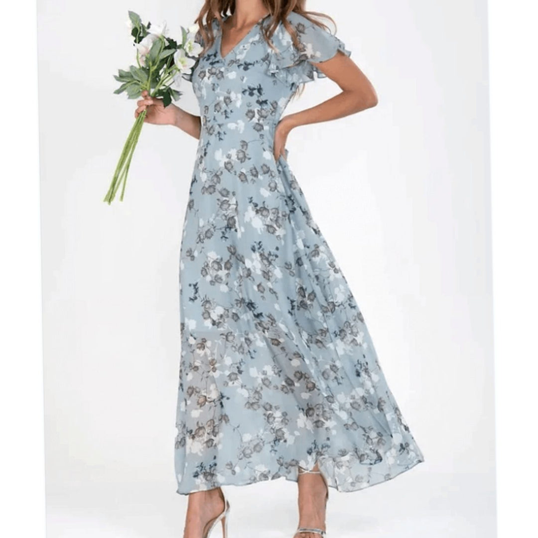 Women's Flutter-Sleeve V-Neck Floral Dress Flowing Maxi