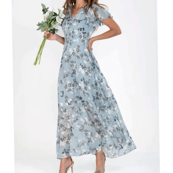 Women's Flutter-Sleeve V-Neck Floral Dress Flowing Maxi