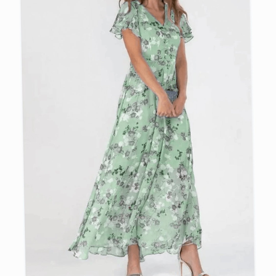Women's Flutter-Sleeve V-Neck Floral Dress Flowing Maxi - Green