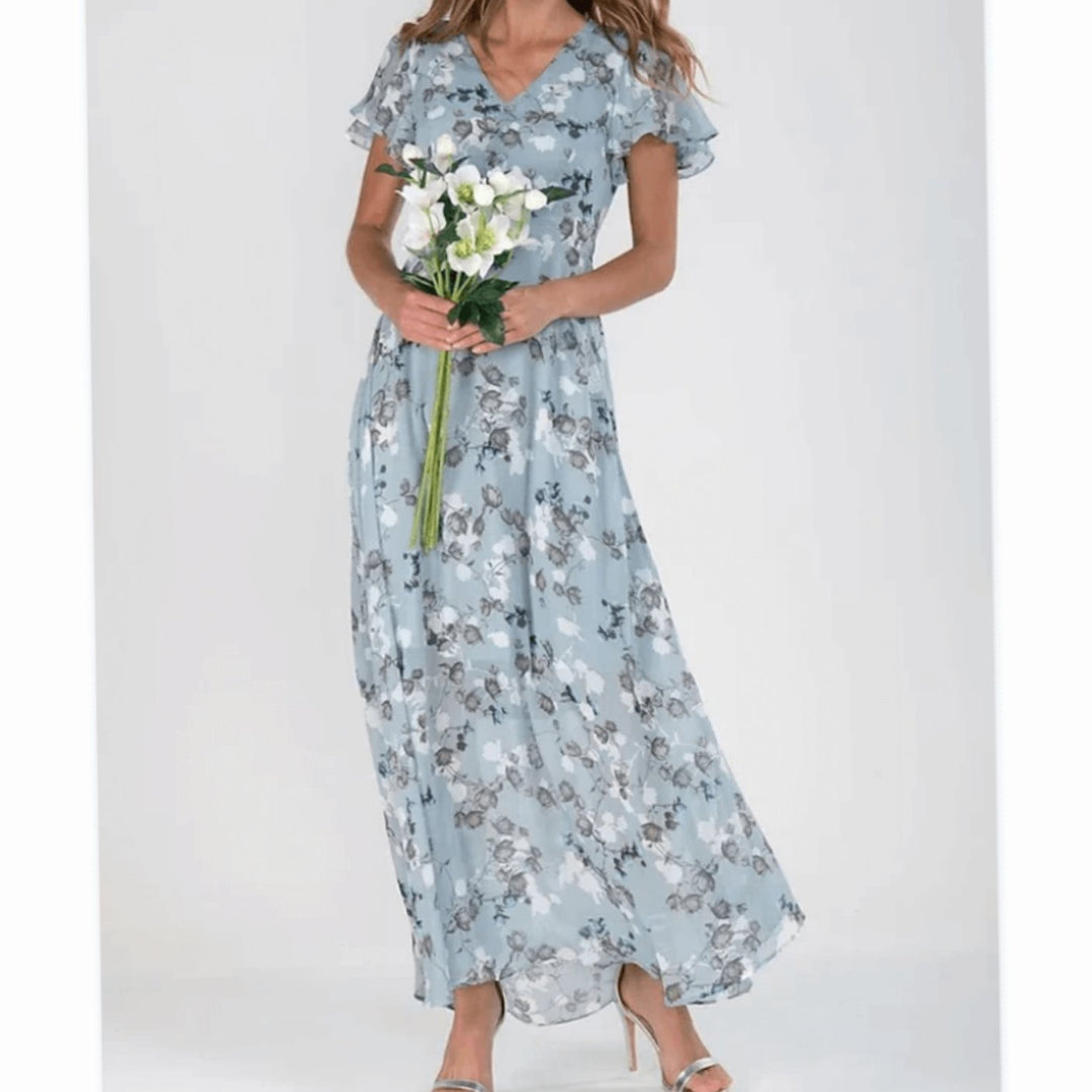 Women's Flutter-Sleeve V-Neck Floral Dress Flowing Maxi
