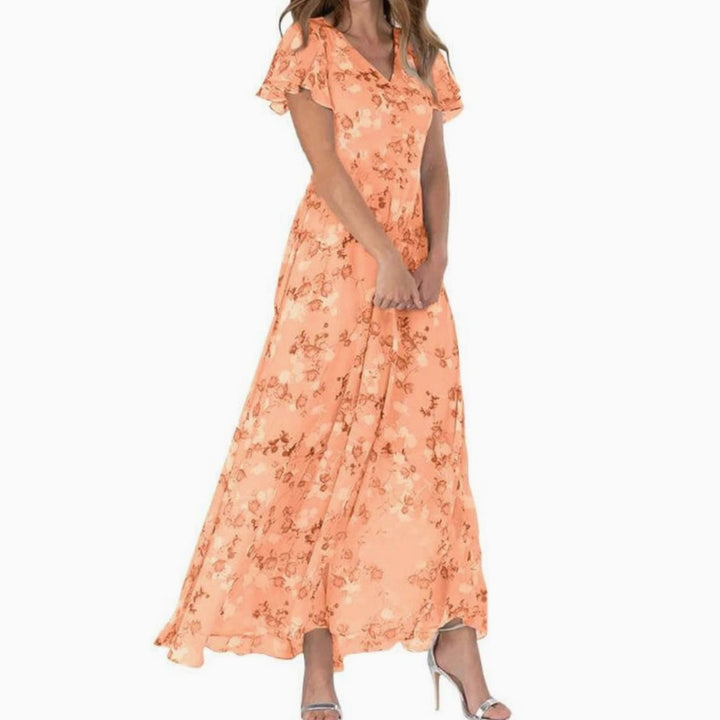 Women's Flutter-Sleeve V-Neck Floral Dress Flowing Maxi - Orange