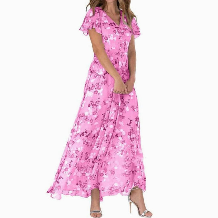 Women's Flutter-Sleeve V-Neck Floral Dress Flowing Maxi - Pink