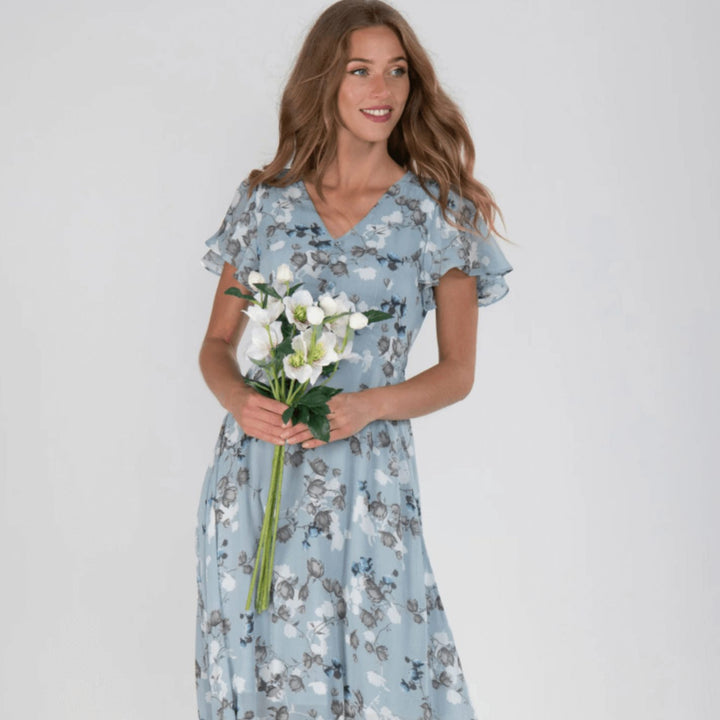 Women's Flutter-Sleeve V-Neck Floral Dress Flowing Maxi
