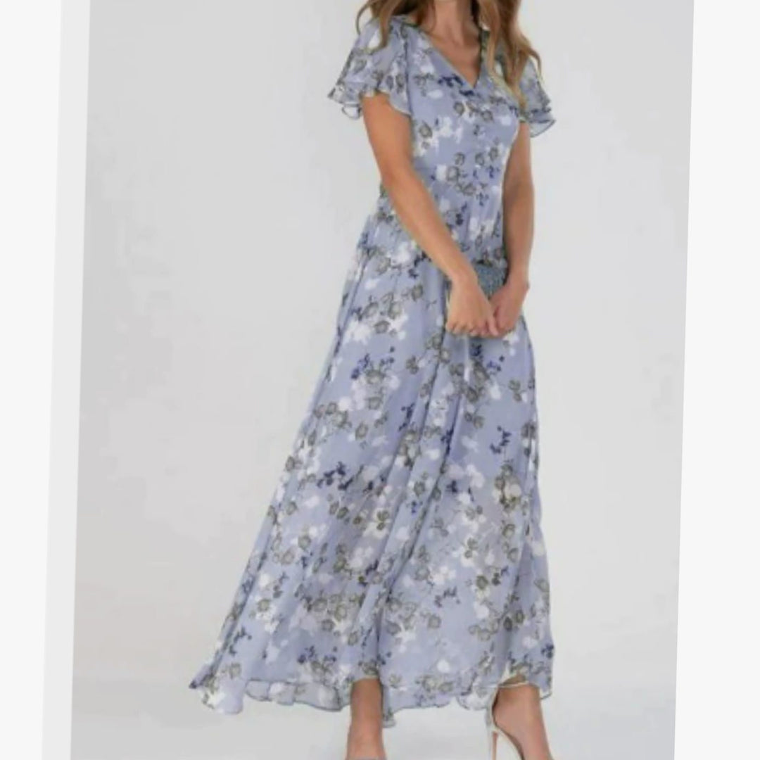 Women's Flutter-Sleeve V-Neck Floral Dress Flowing Maxi - Purple