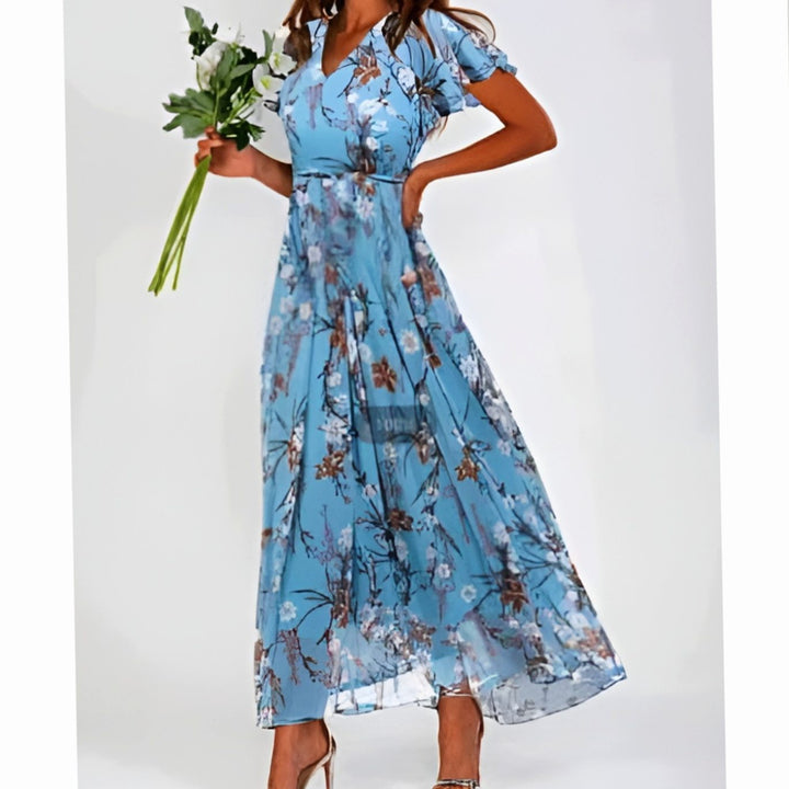 Women's Flutter-Sleeve V-Neck Floral Dress Flowing Maxi