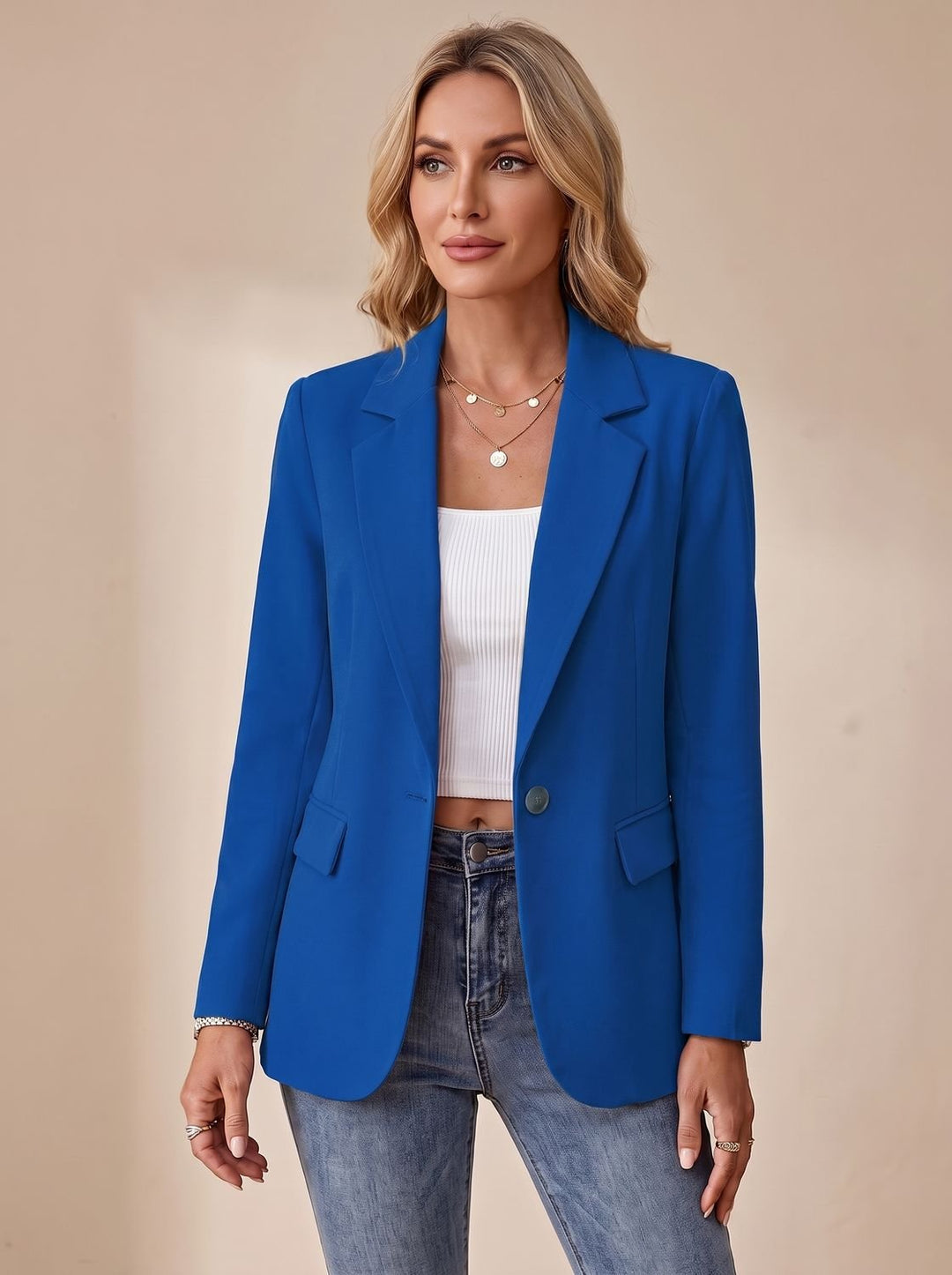 Women's Formal Blazer Structured Single-Button Office Jacket - Blue