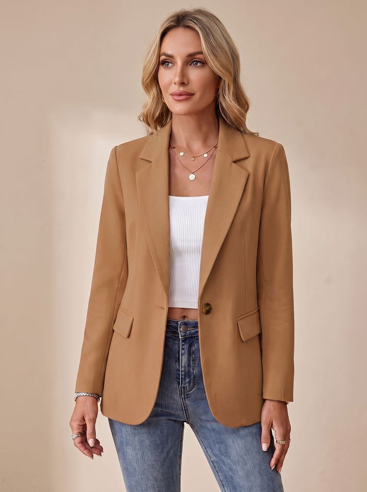 Women's Formal Blazer Structured Single-Button Office Jacket - Brown