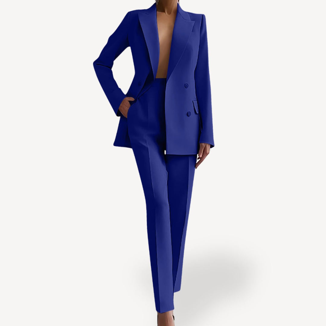 Women's Formal Tailored Suit Set Double-Breasted Long Blazer Pants - Blue