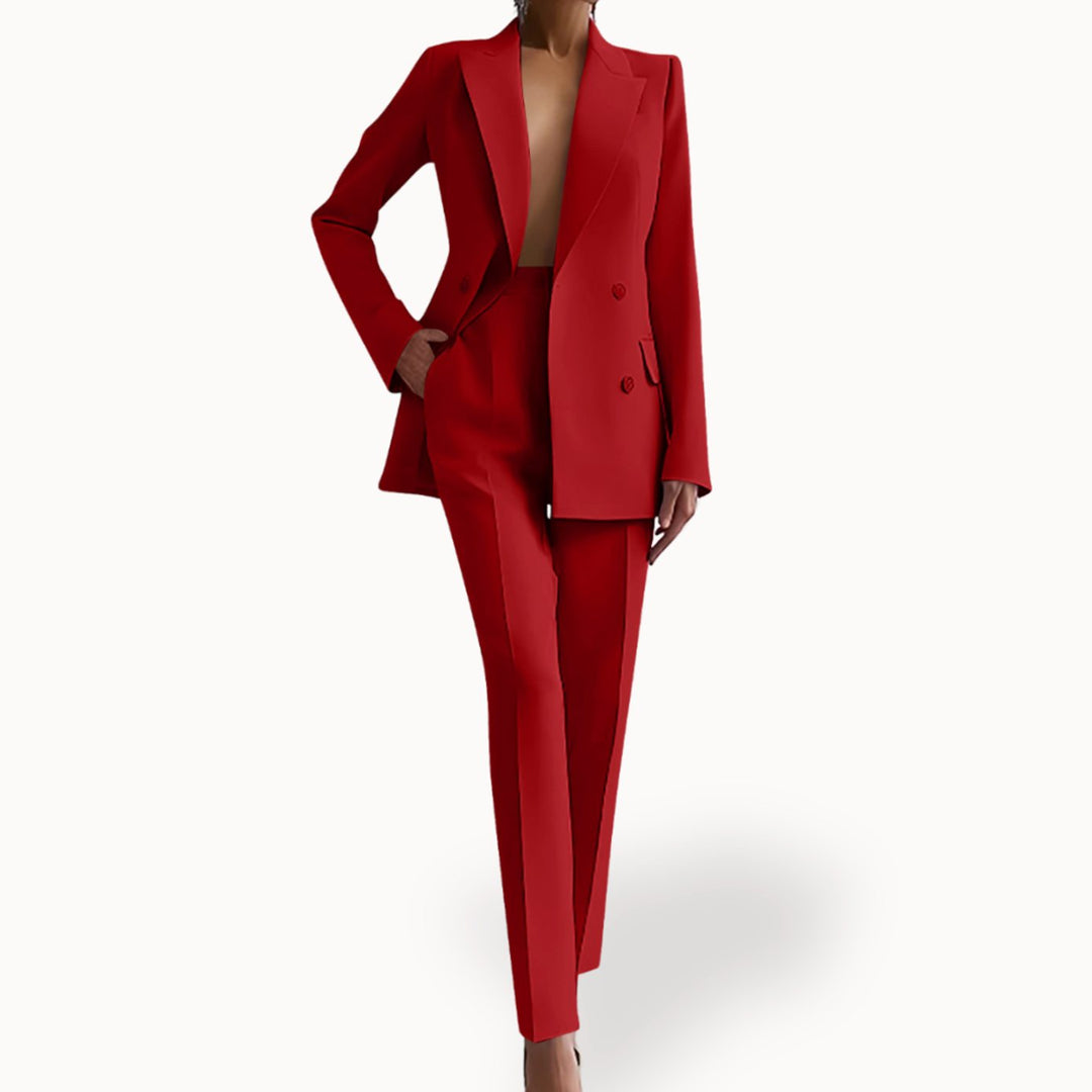 Women's Formal Tailored Suit Set Double-Breasted Long Blazer Pants - Red