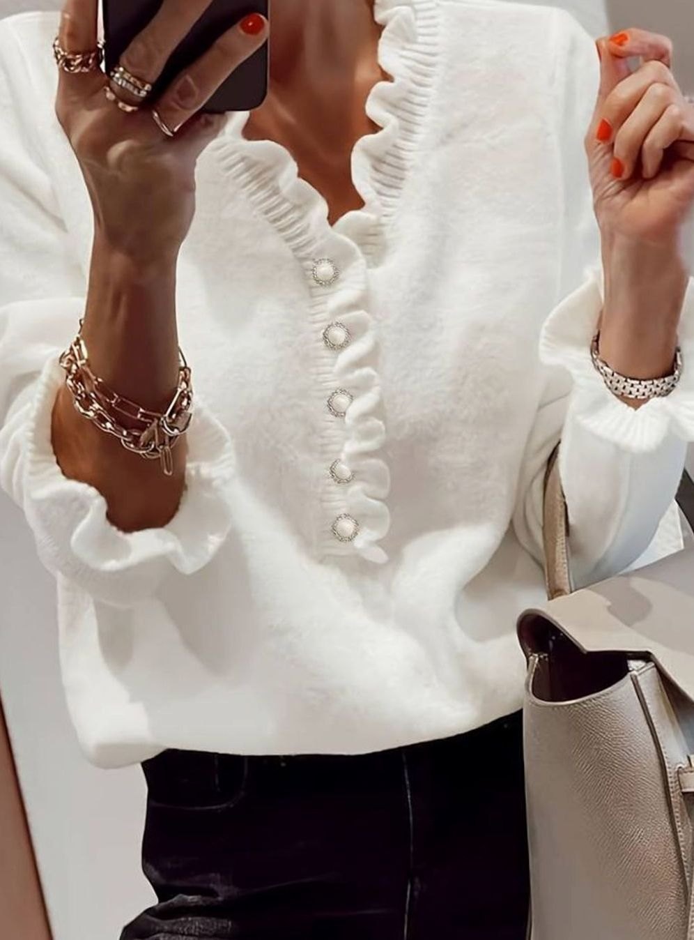 Women's Frilly Ruffle Blouse Relaxed-Fit Button-Front Knit Top