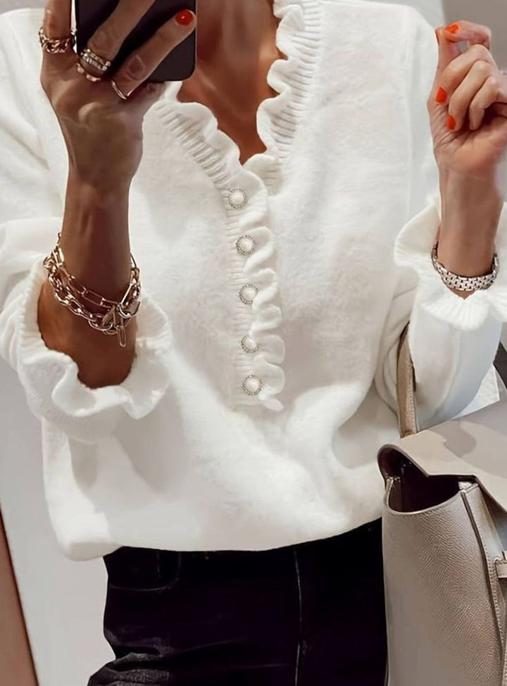 Women's Frilly Ruffle Blouse Relaxed-Fit Button-Front Knit Top