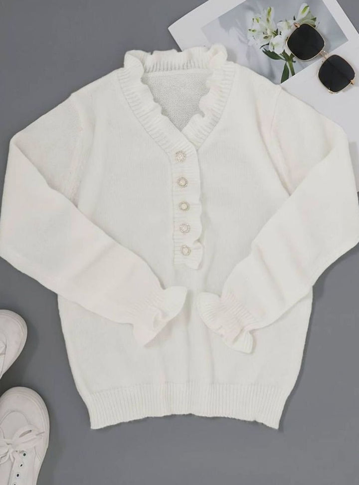 Women's Frilly Ruffle Blouse Relaxed-Fit Button-Front Knit Top