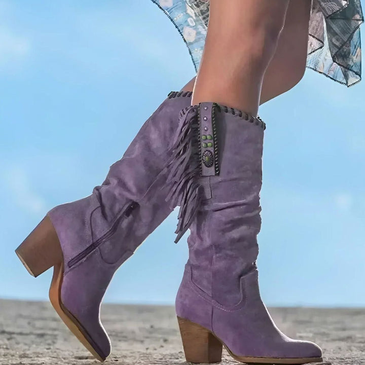 Women's Fringe Block-Heel Western Knee High Boots - Lilac