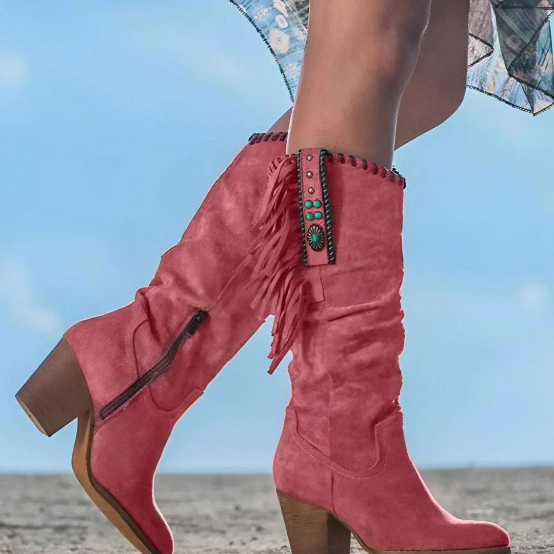 Women's Fringe Block-Heel Western Knee High Boots - Pink