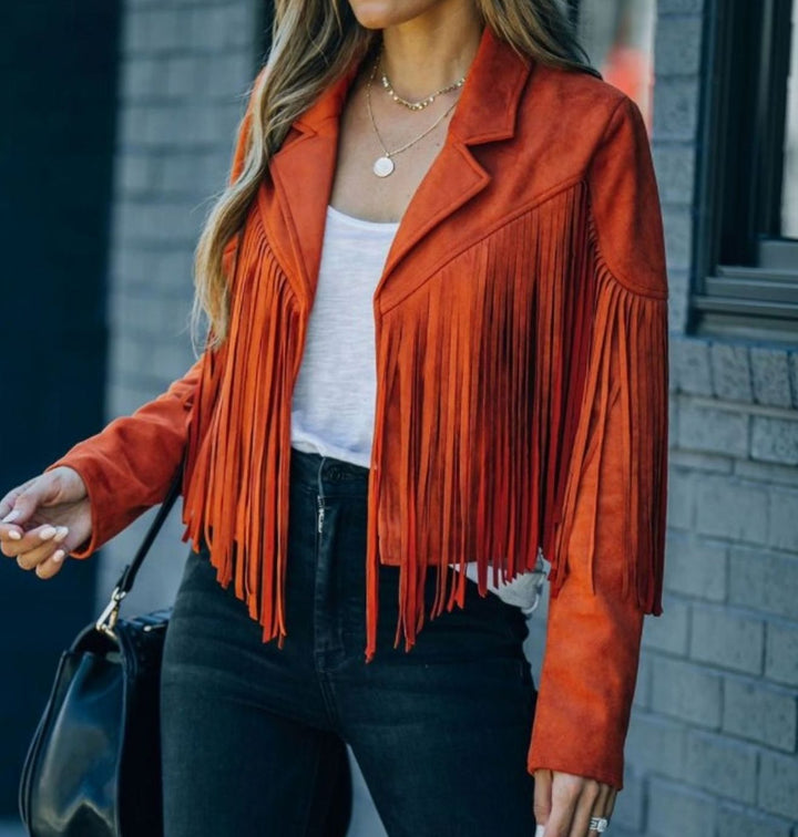Women's Fringe Suede Cropped Moto Jacket - Orange