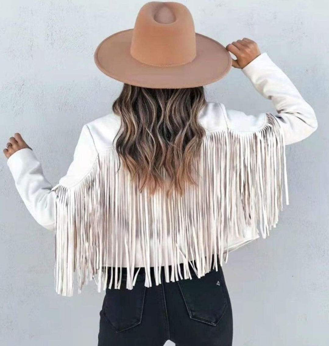 Women's Fringe Suede Cropped Moto Jacket - White