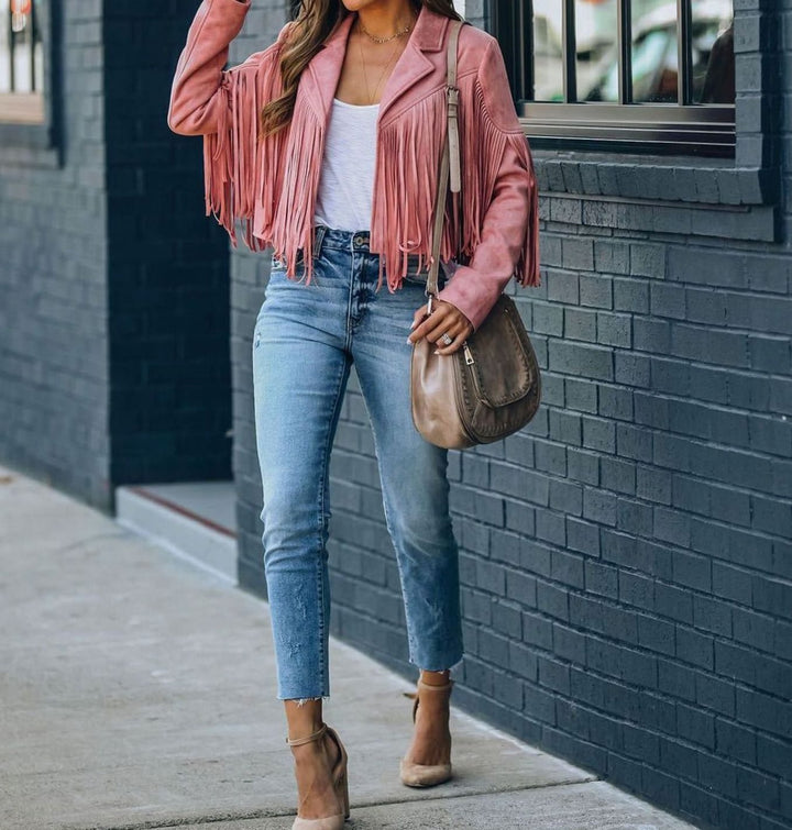 Women's Fringe Suede Cropped Moto Jacket - Pink