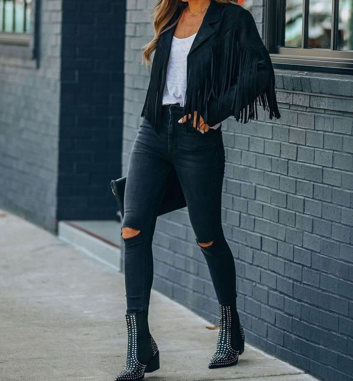 Women's Fringe Suede Cropped Moto Jacket - Black