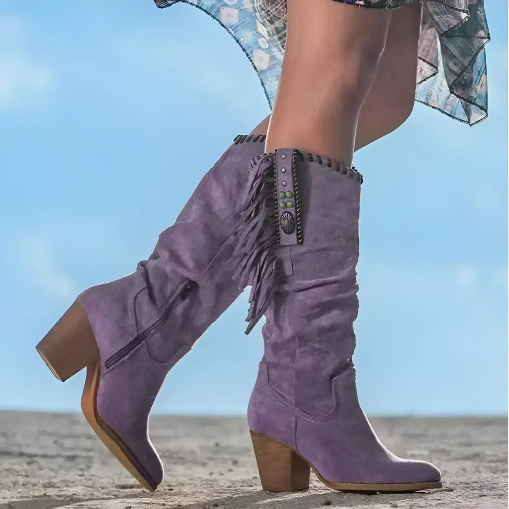 Women's Fringe Suede Western Knee High Boots Block Heel - Purple