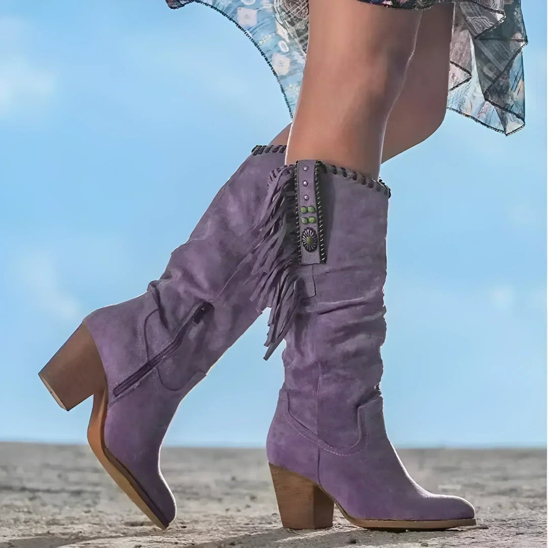 Women's Fringe Suede Western Knee High Boots Block Heel - Purple