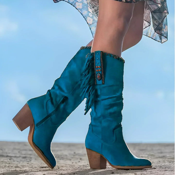 Women's Fringe Suede Western Knee High Boots Block Heel - Blue