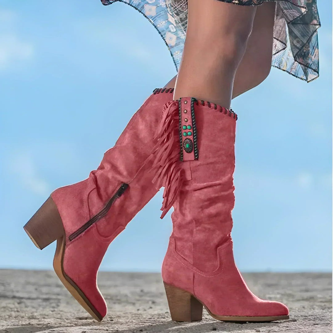 Women's Fringe Suede Western Knee High Boots Block Heel - Red