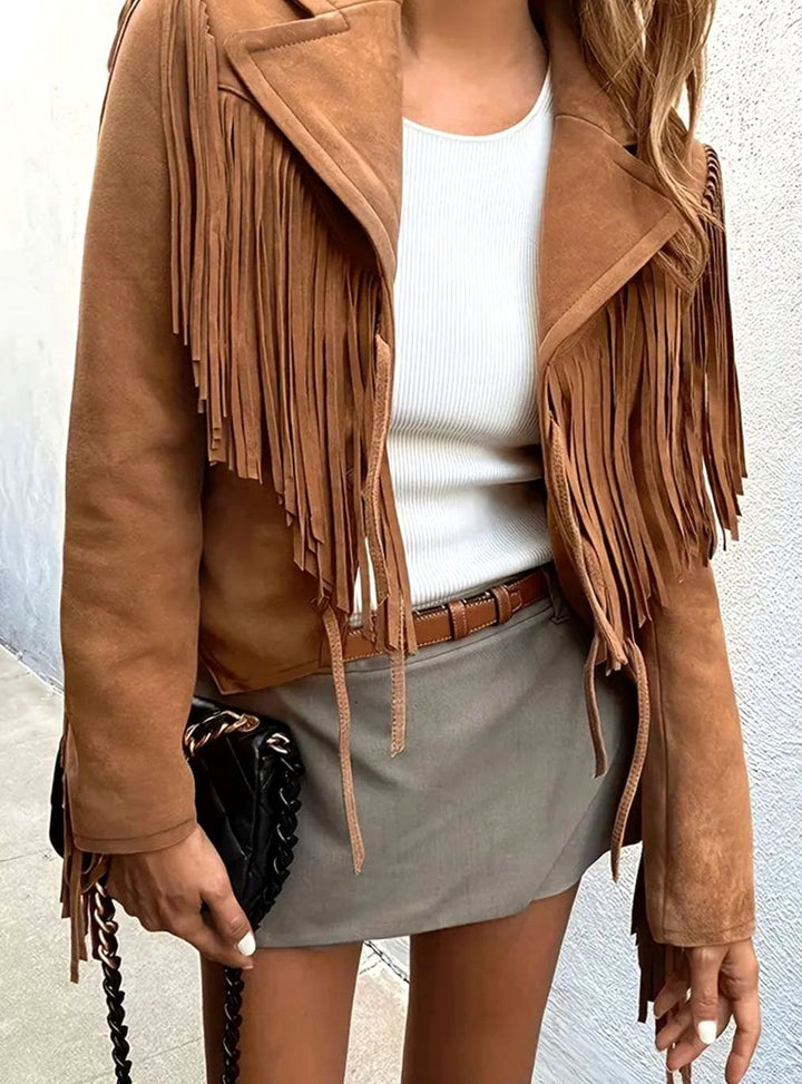 Women's Fringed Suede-Feel Boho Short Jacket - Brown