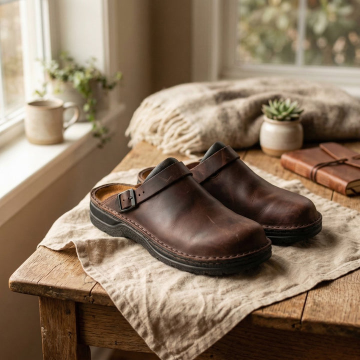 Women's Full-Grain Leather Ergonomic Slip-On Clogs - Dark Brown