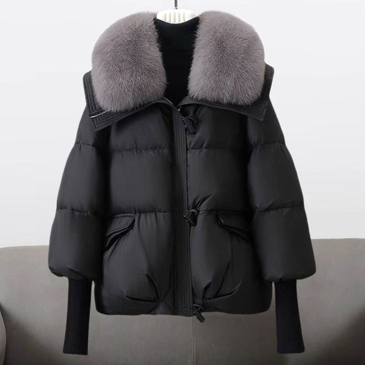 Women's Fur-Collar Puffer Short Winter Jacket - Black