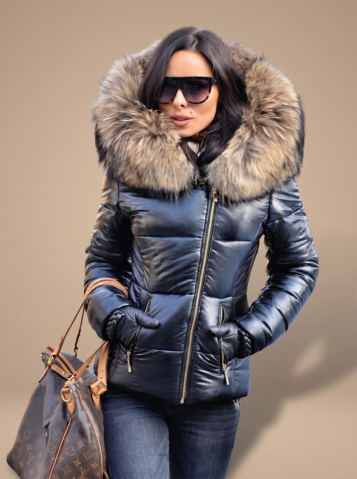 Women's Fur Hood Puffer Coat Fitted Zip-Front Quilted Jacket - Black