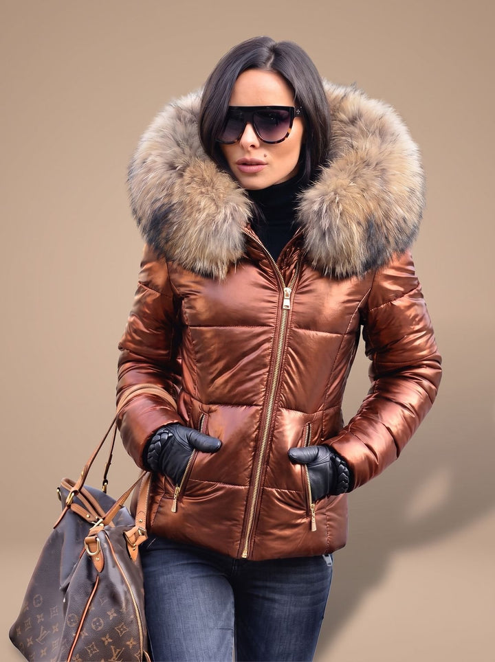 Women's Fur Hood Puffer Coat Fitted Zip-Front Quilted Jacket - Dark Brown