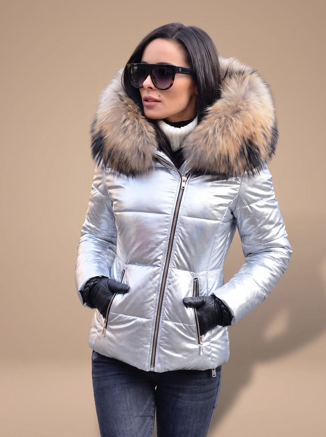 Women's Fur Hood Puffer Coat Fitted Zip-Front Quilted Jacket - White