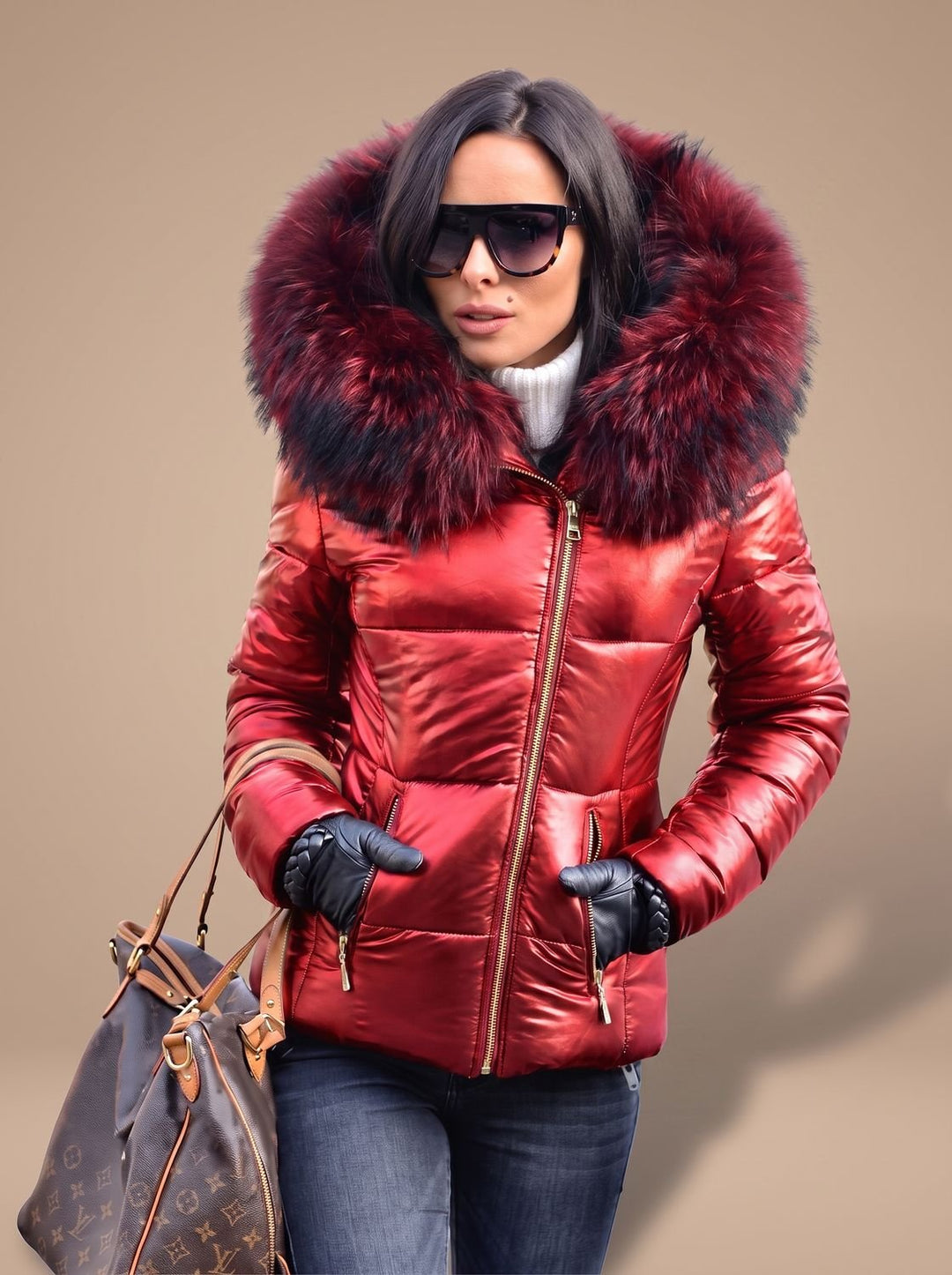 Women's Fur Hood Puffer Coat Fitted Zip-Front Quilted Jacket - Red