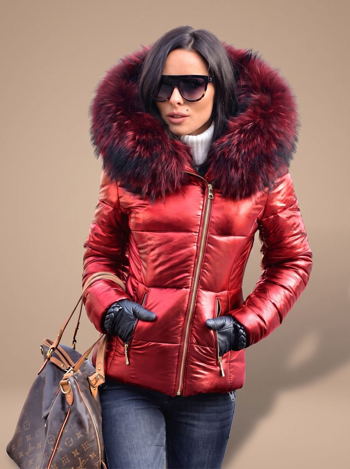 Women's Fur Hood Puffer Coat Fitted Zip-Front Quilted Jacket - Red