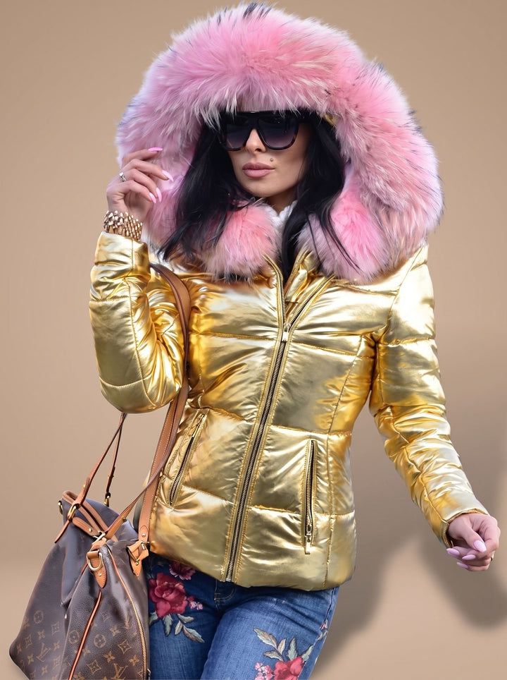 Women's Fur Hood Puffer Coat Fitted Zip-Front Quilted Jacket - Gold