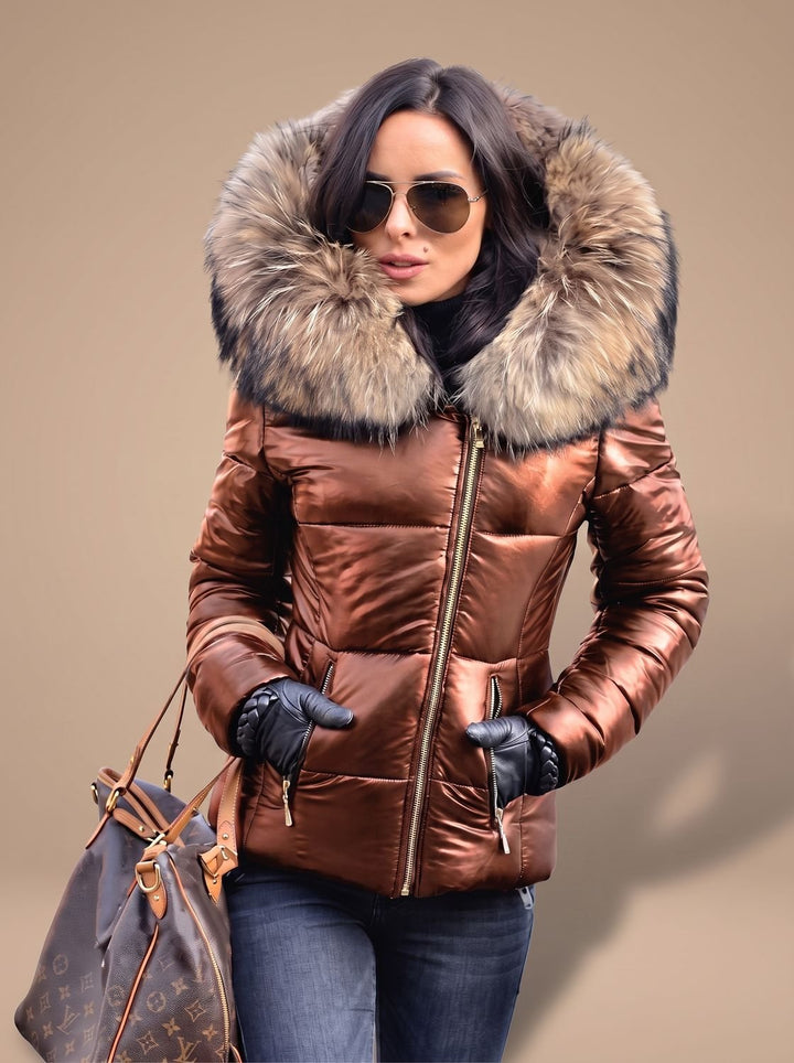 Women's Fur Hood Puffer Coat Fitted Zip-Front Quilted Jacket