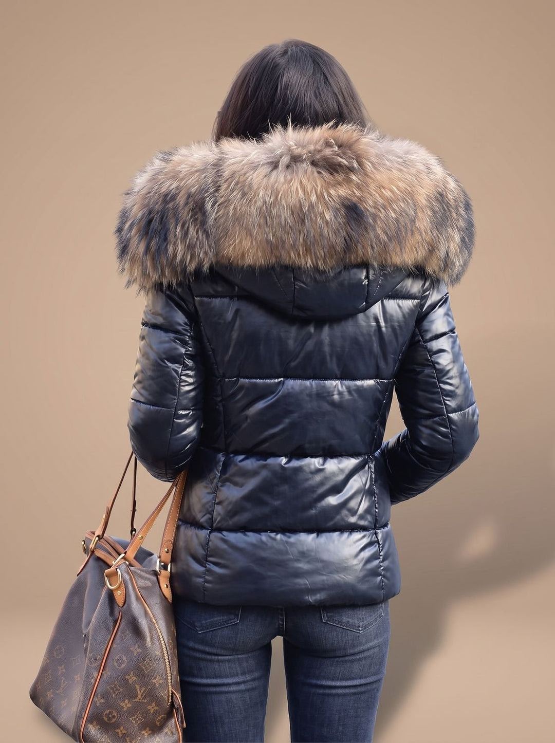 Women's Fur Hood Puffer Coat Fitted Zip-Front Quilted Jacket