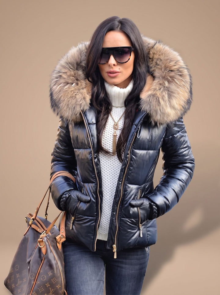 Women's Fur Hood Puffer Coat Fitted Zip-Front Quilted Jacket
