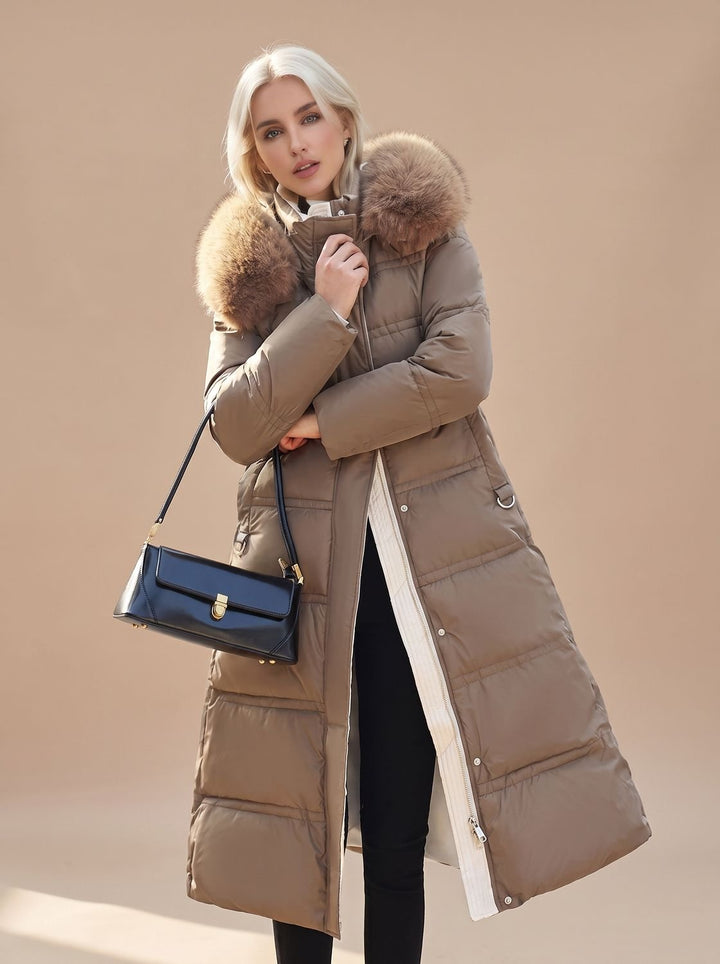Women's Fur-Hood Quilted Long Puffer Coat - Coffee