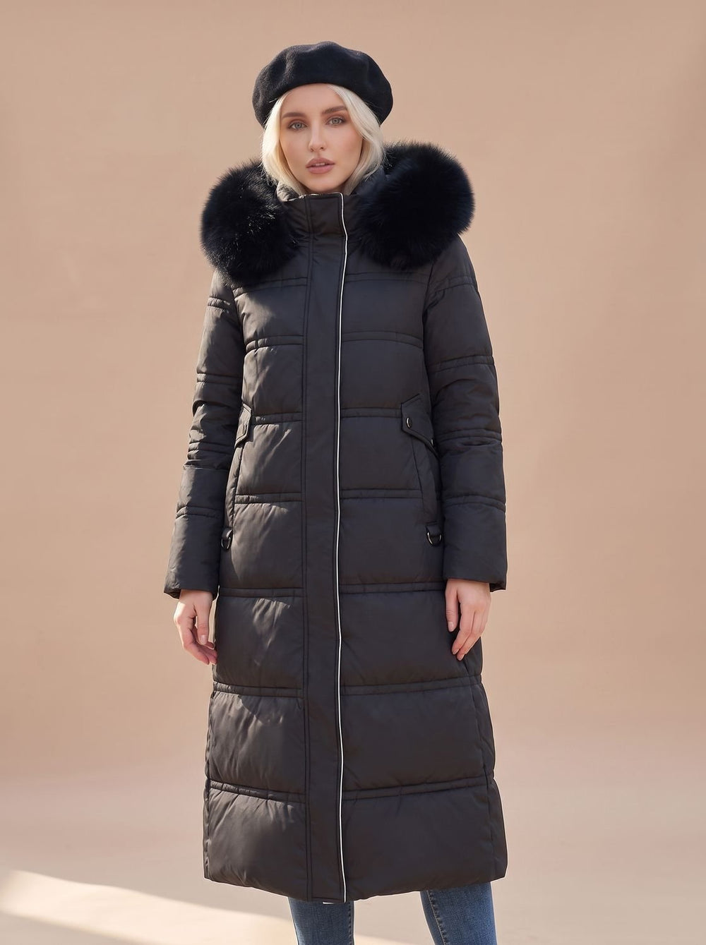 Women's Fur-Hood Quilted Long Puffer Coat - Black