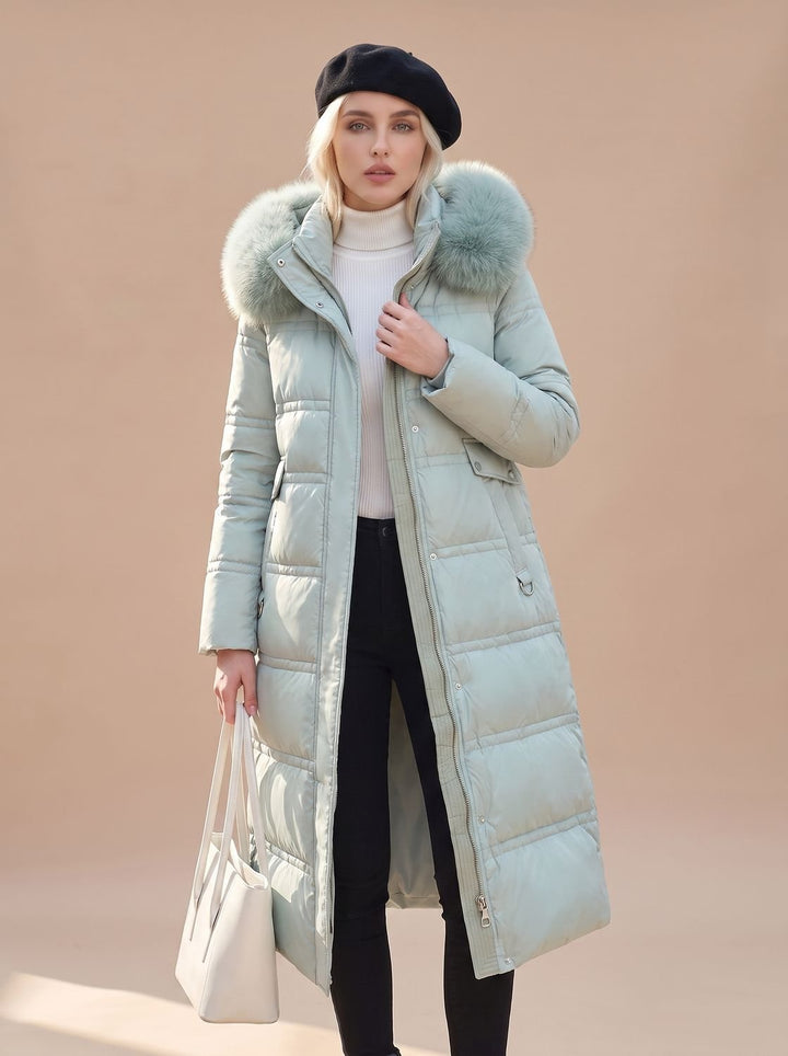 Women's Fur-Hood Quilted Long Puffer Coat - Blue