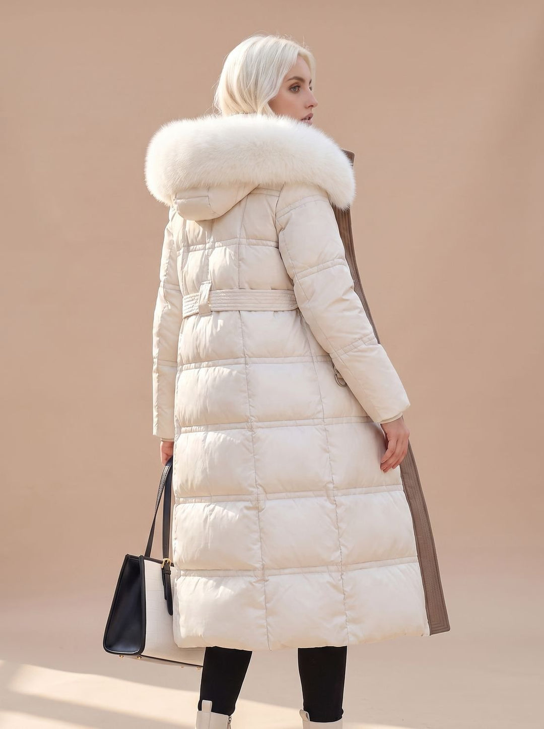 Women's Fur-Hood Quilted Long Puffer Coat - White