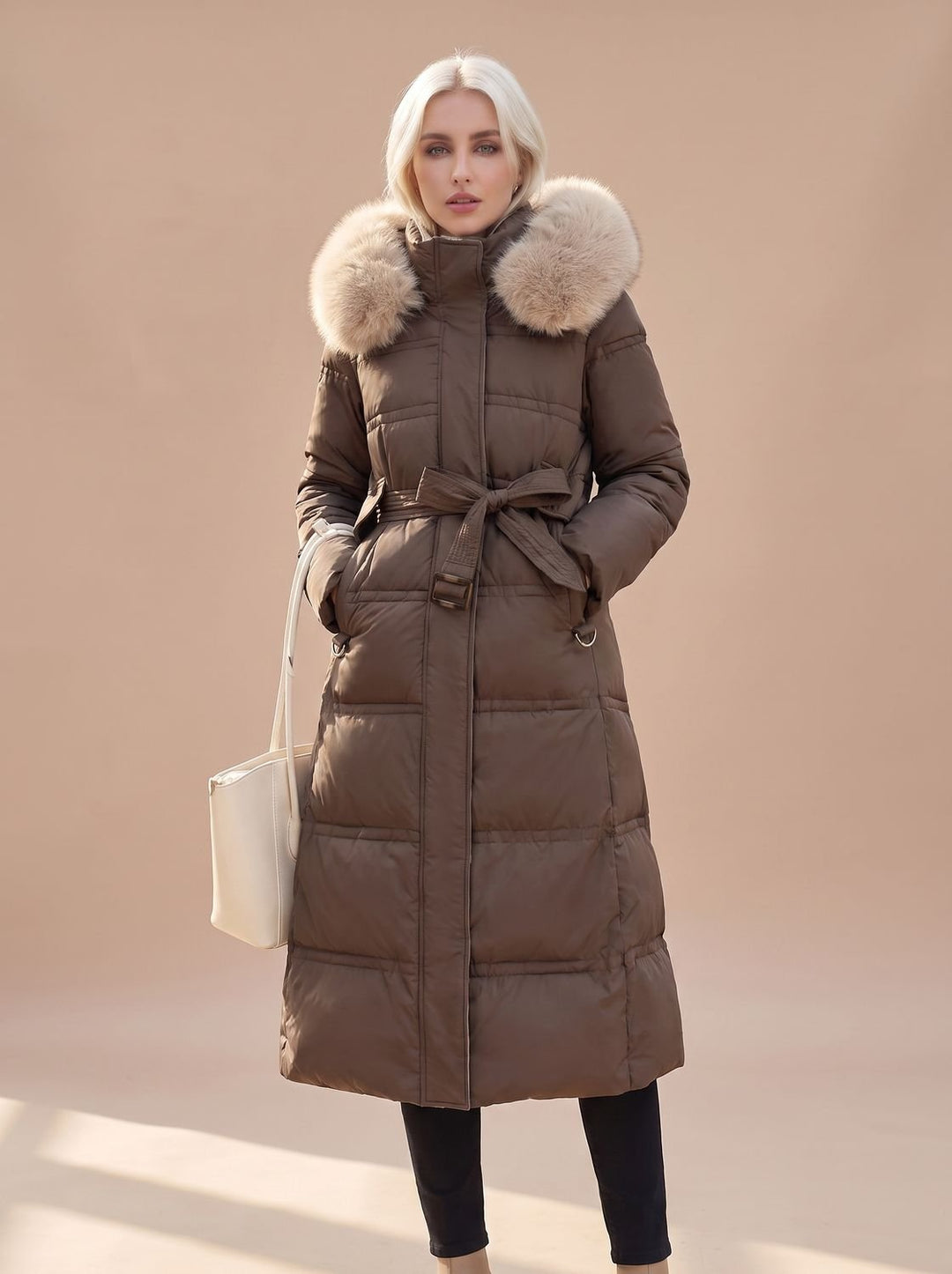 Women's Fur-Hood Quilted Long Puffer Coat - Coffee with Beige Collar